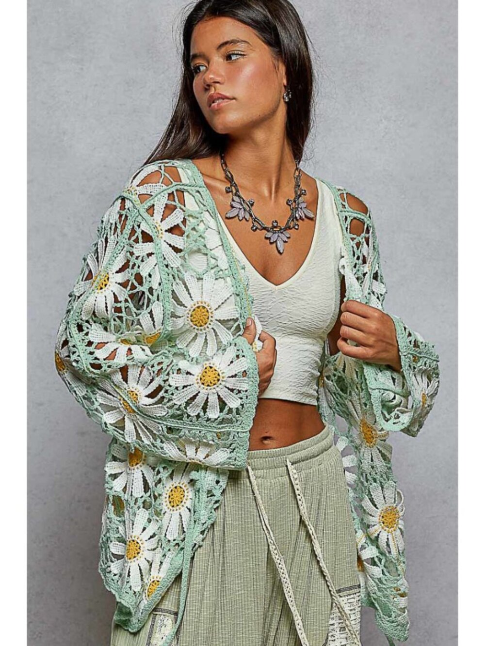 POL Mint Green Crochet Daisy Kimono Cardigan with White & Yellow Accents